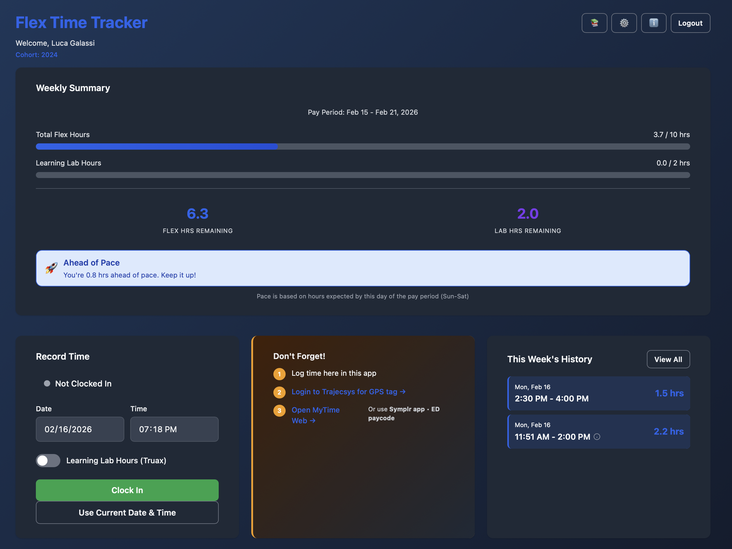 Main Dashboard Screenshot - Clock in/out interface with weekly progress tracking