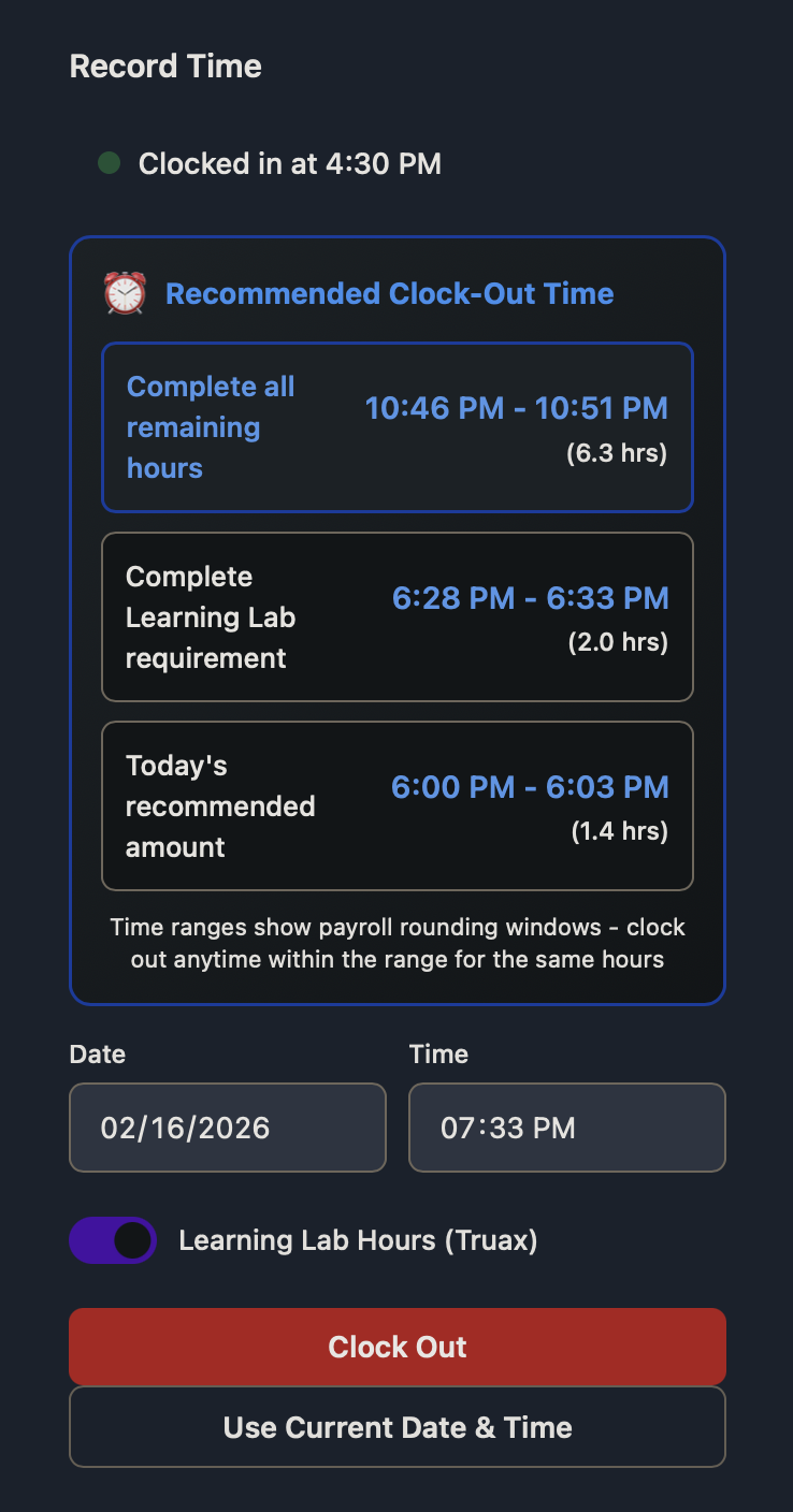 Features in Action Screenshot - Clock-out recommendations with custom pace settings